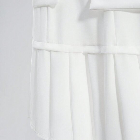 White Casual Women's French Sleeveless Cinched Waist Pleated Dress - Picture 3 of 6